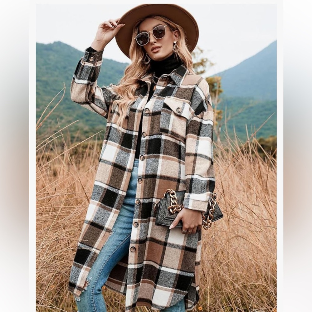 Button Up Long Sleeve Plaid Shacket Size Medium Neutral